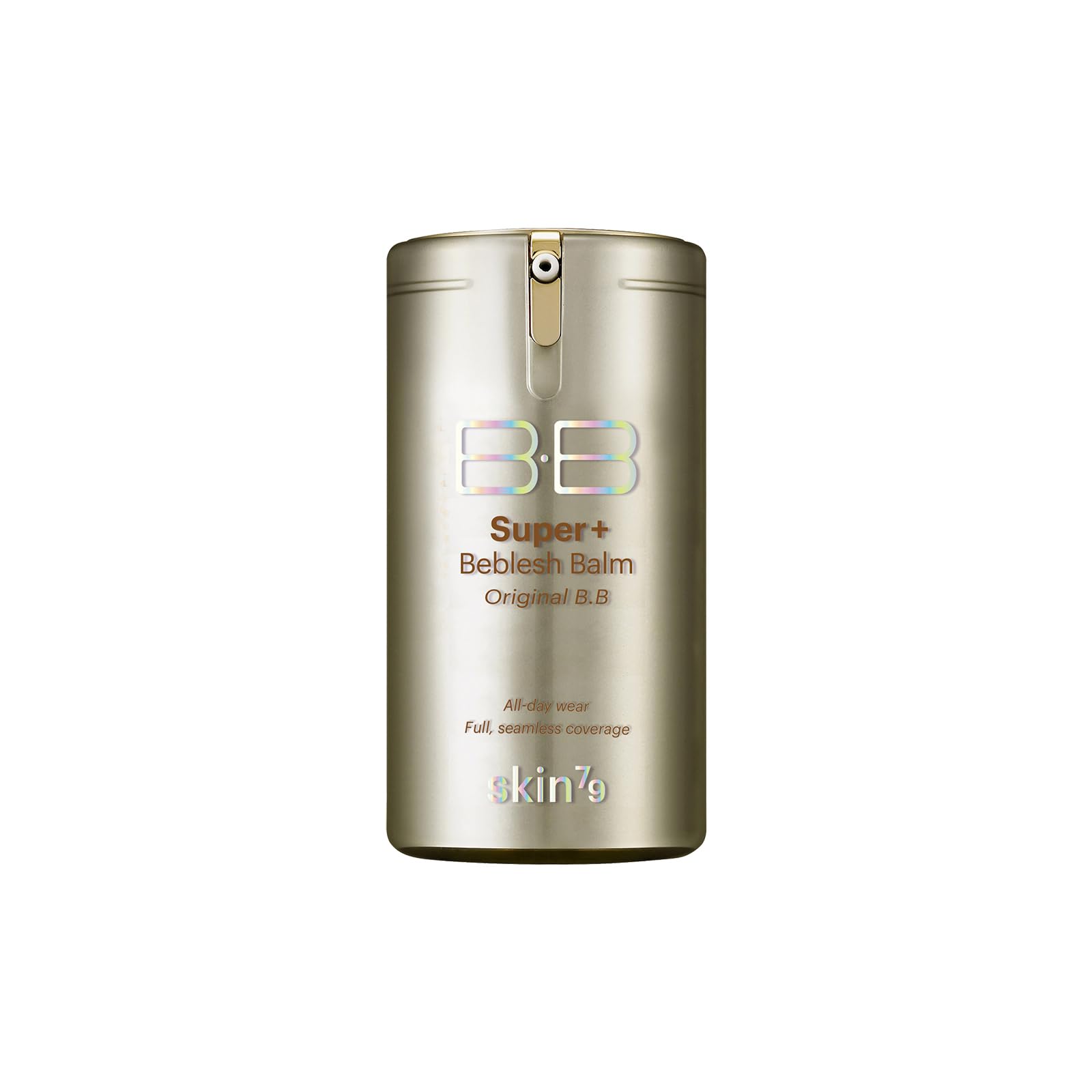 SKIN79 Beblesh Balm Dorado Súper Plus, botella dorada para una tez luminosa y natural.