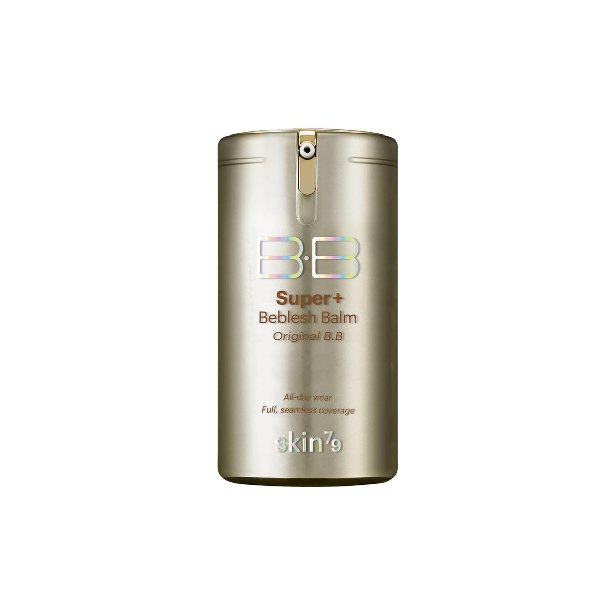 SKIN79 Beblesh Balm Dorado Súper Plus, botella dorada para una tez luminosa y natural.