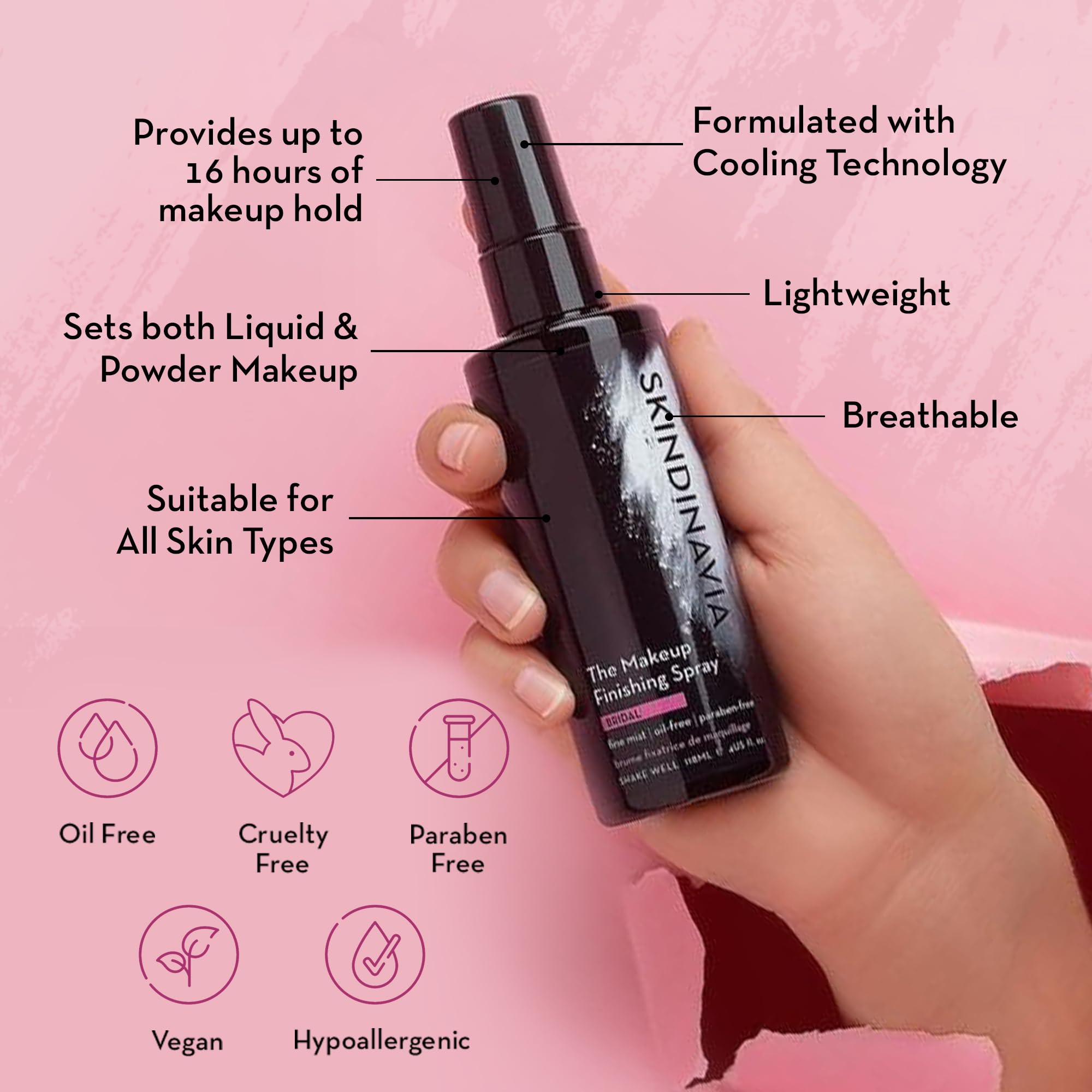Skindinavia botella-fijador maquillaje 8oz: fijación suave y resistente al sudor.