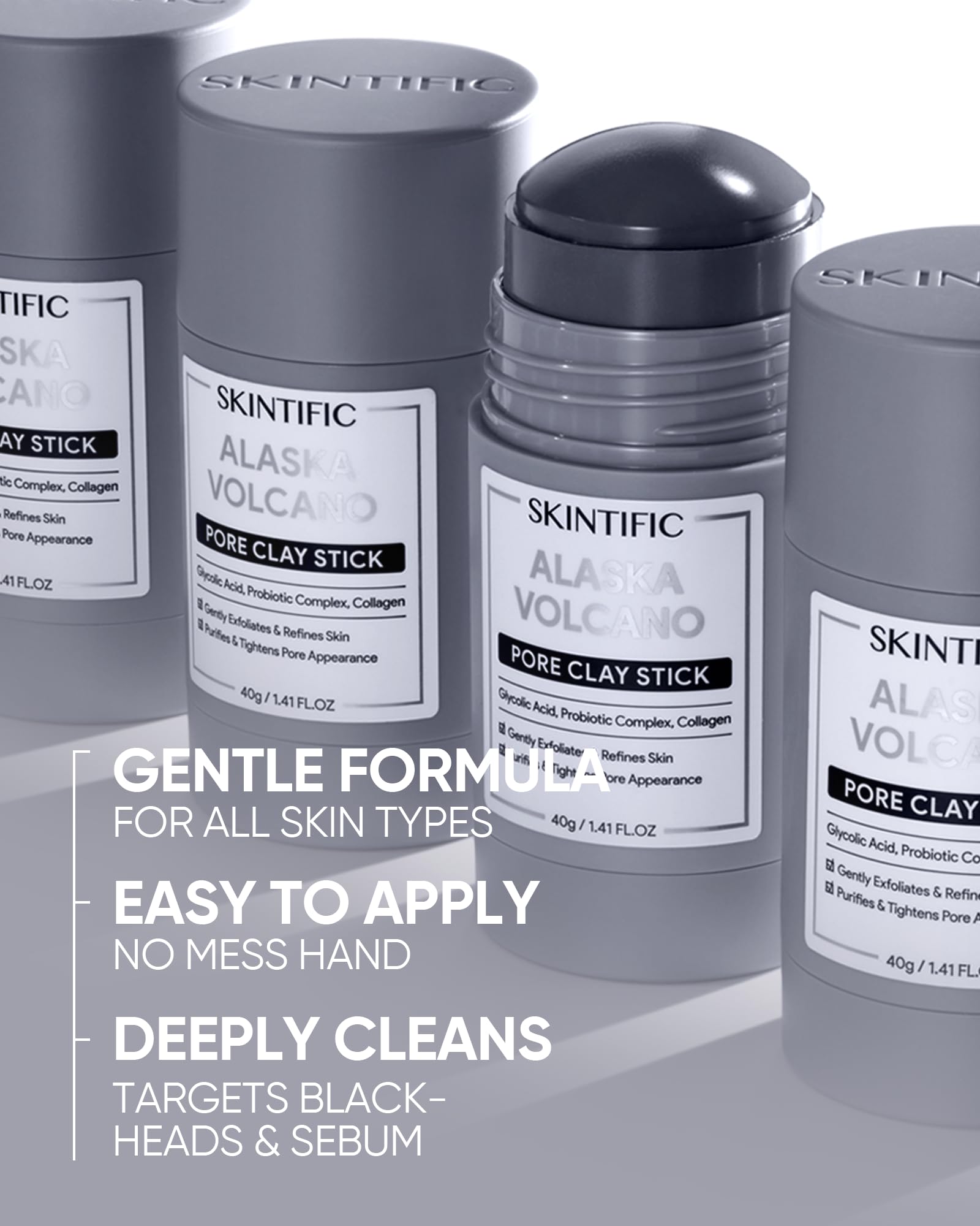 SKINTIFIC exfoliación suave: arcilla volcánica y glicólico para suavizar piel.
