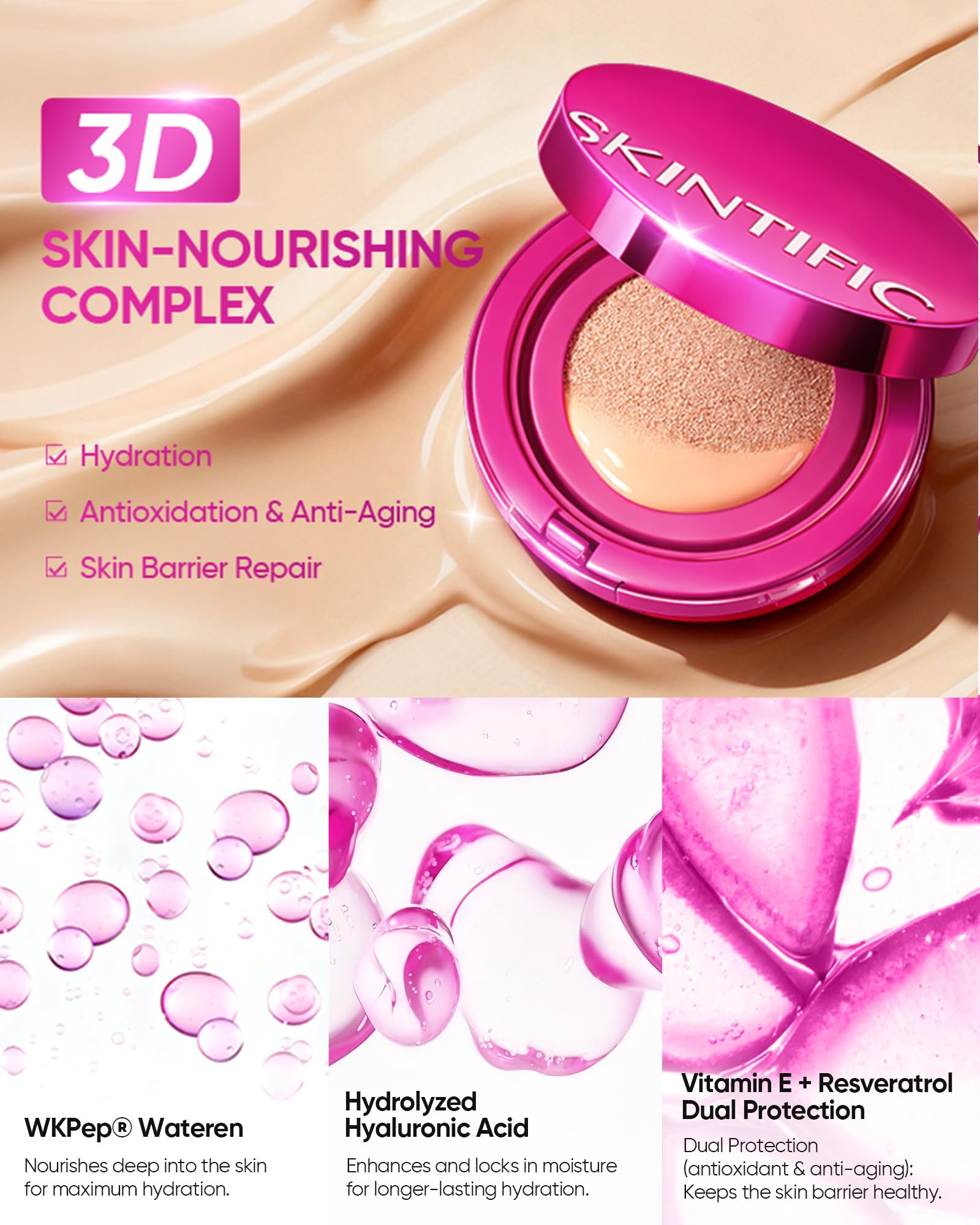 SKINTIFIC Pink Glow Cushion swatches showing medium coverage and natural dew