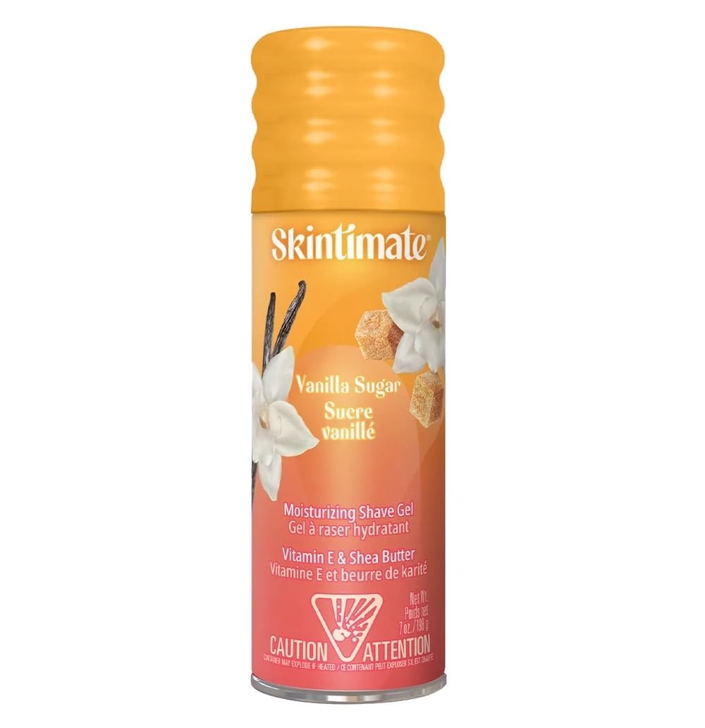 Skintimate Gel de rasage vanille-sucre – bouteille visible et douceur hydratante pendant le rasage.