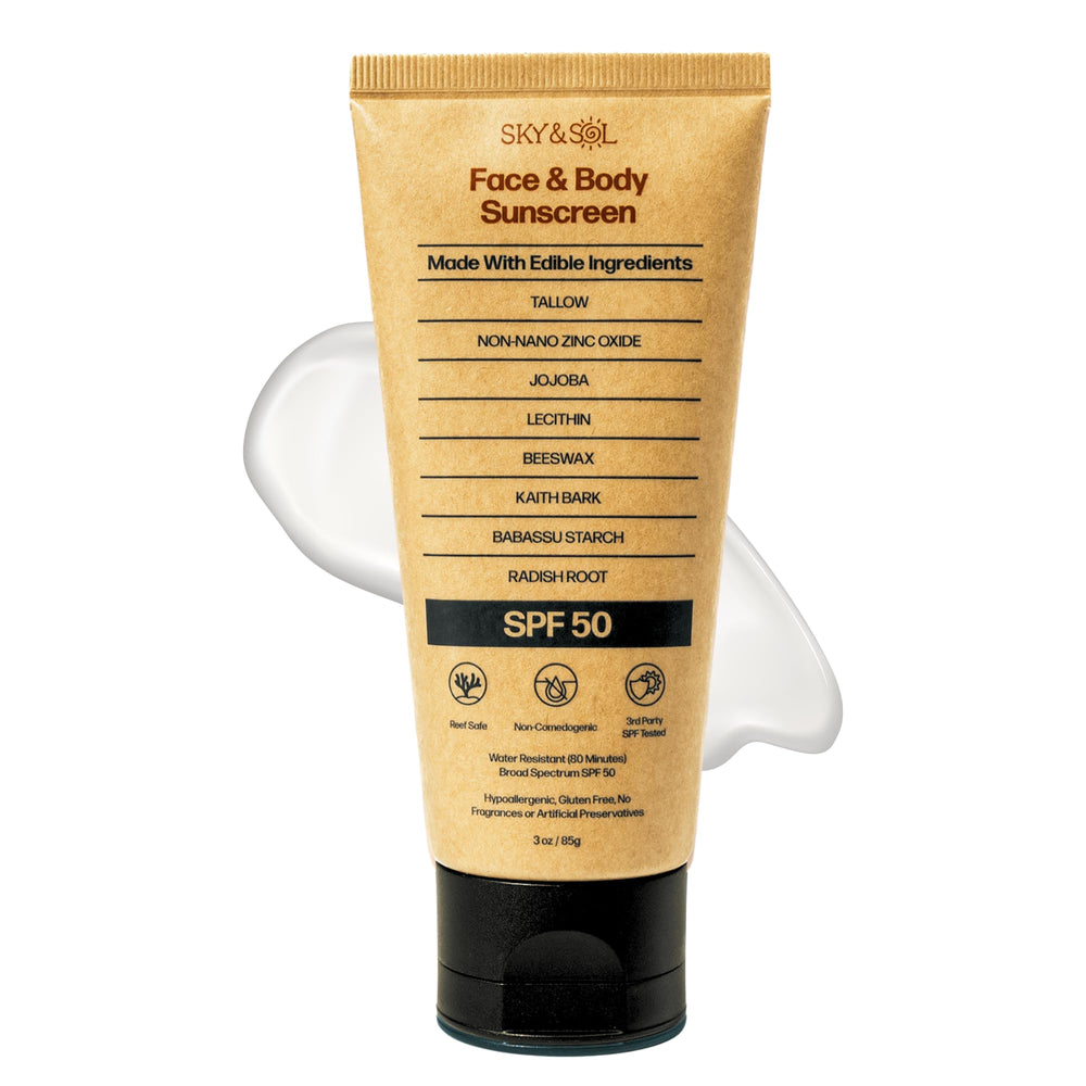 Sky and Sol: envase de 3 oz para protección facial y corporal.