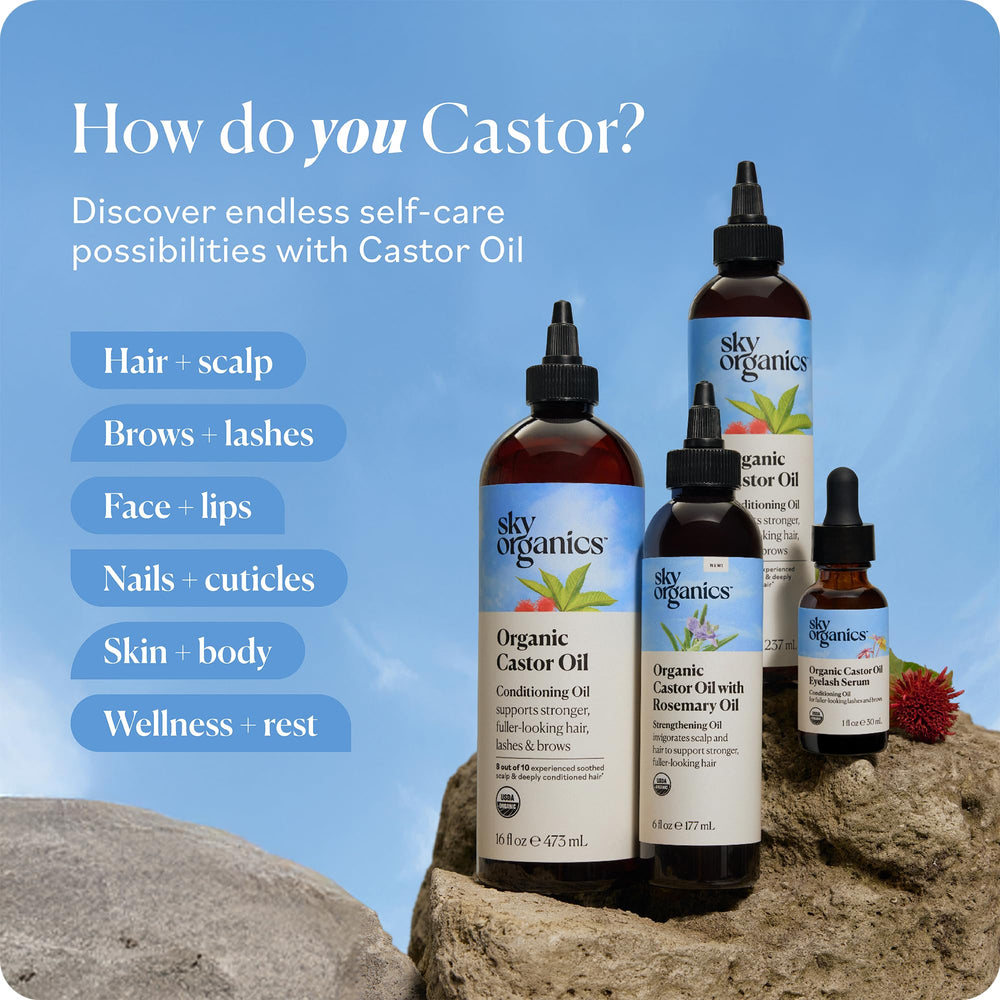 Sky Organics Aceite de ricino envase y empaque.