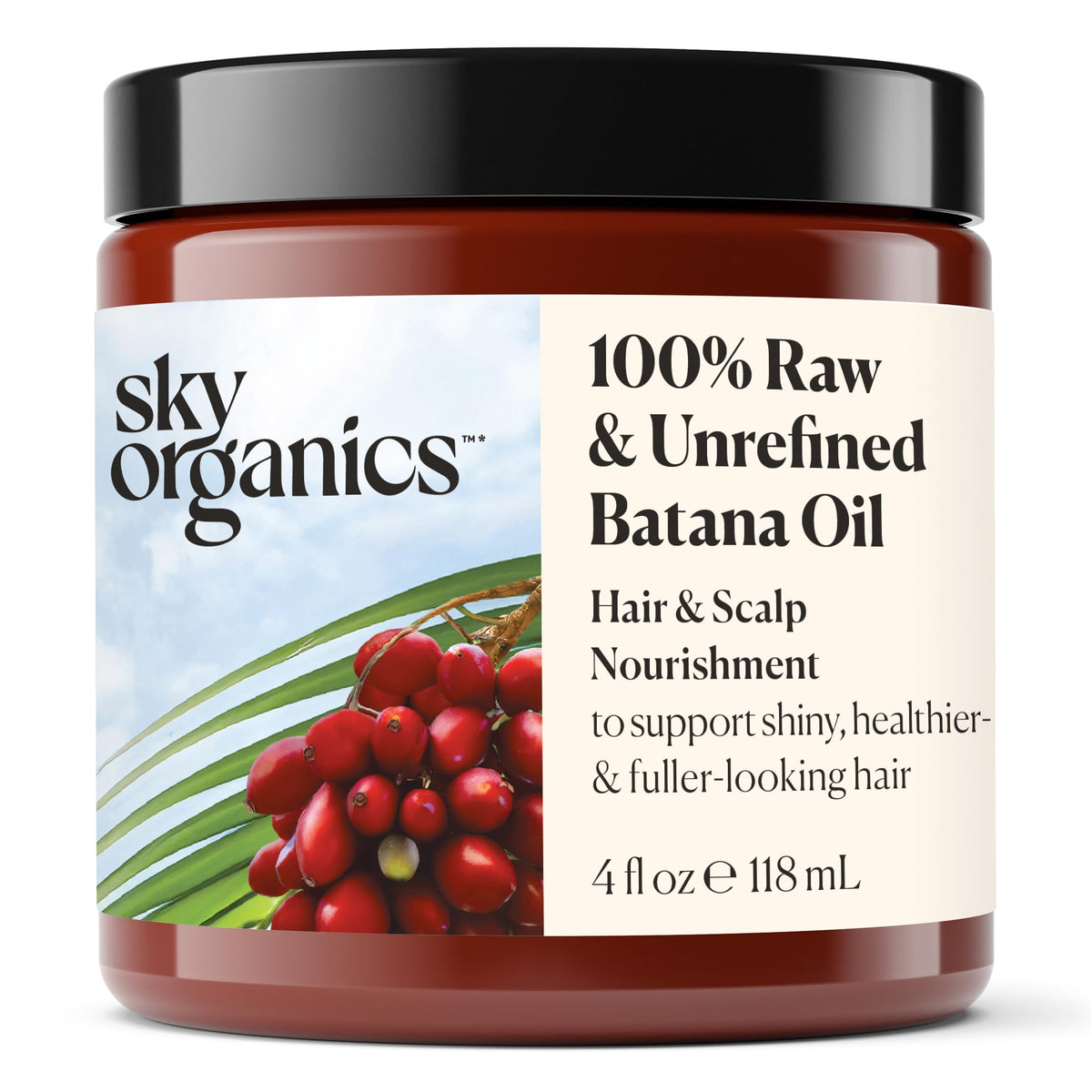 Sky Organics Batana Oil: botella vertido para cuidado capilar suave y nutritivo.