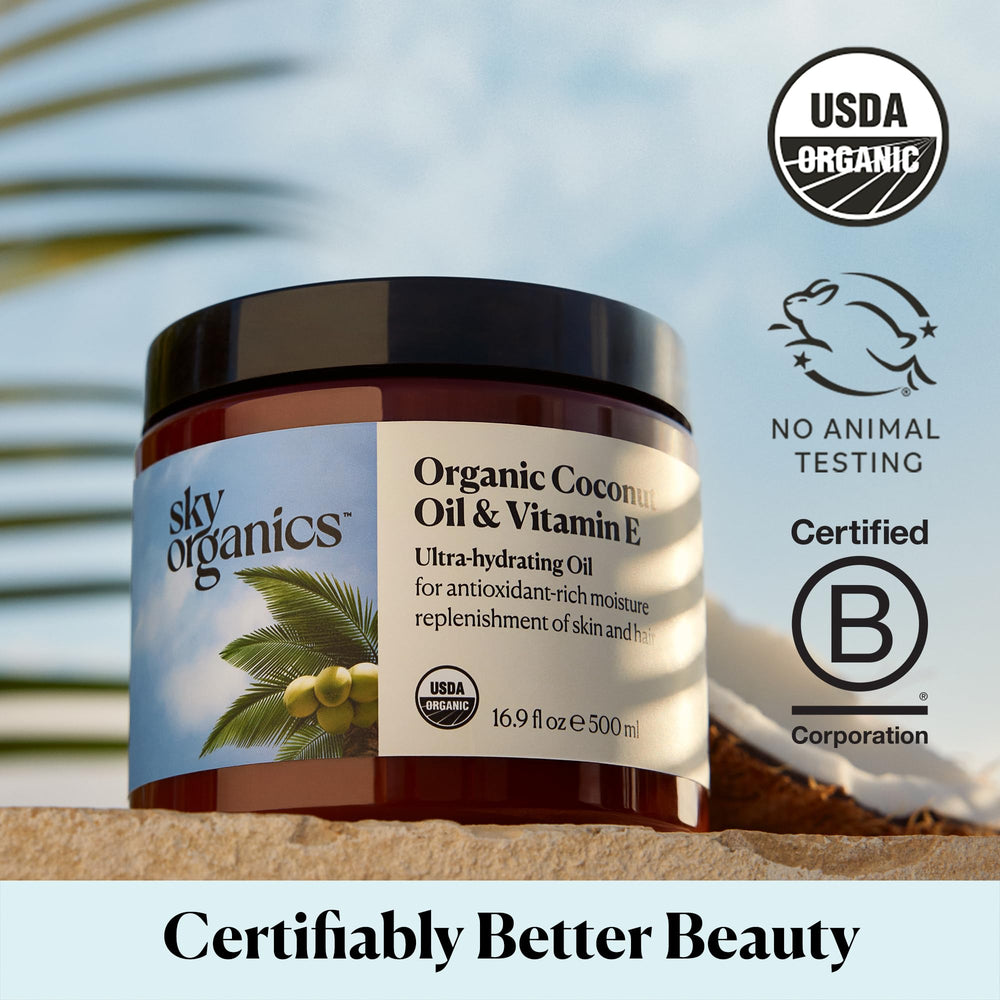 Sky Organics Detalles de composición con vitamina E y coco para nutrición.