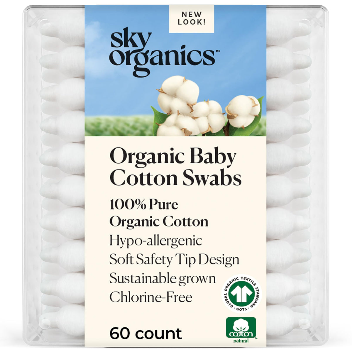 Sky Organics hisopos de algodón orgánico para bebé, 60 unidades, puntas ultra suaves, limpieza externa