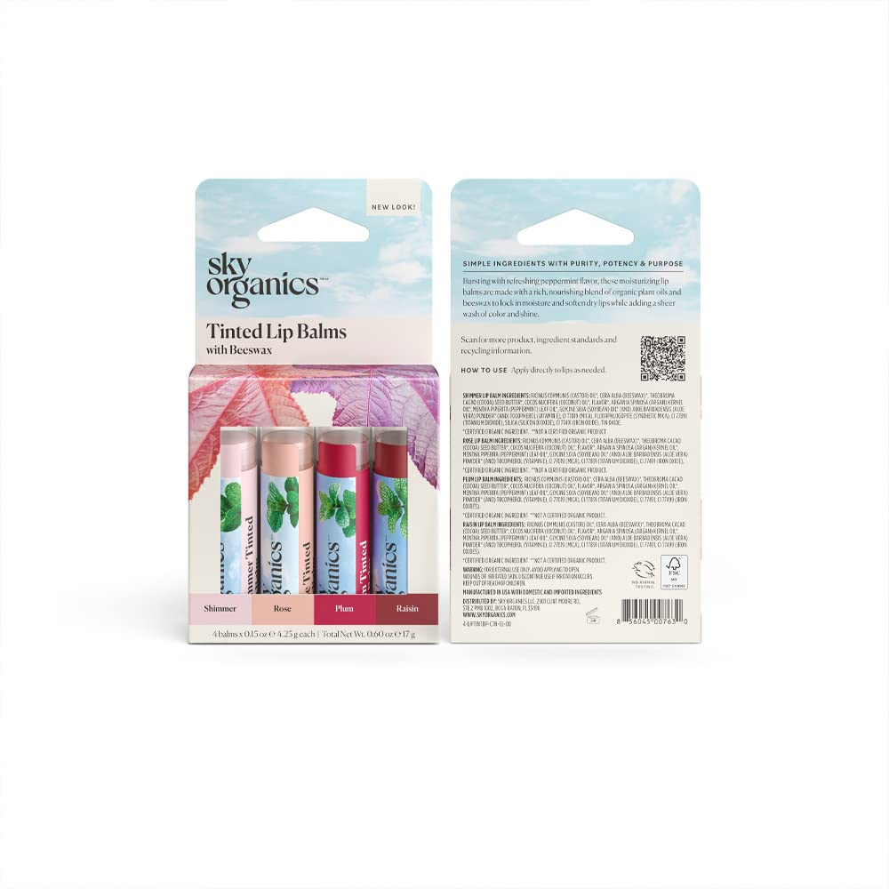 Labial tintado Sky Organics, ingredientes simples resaltados.