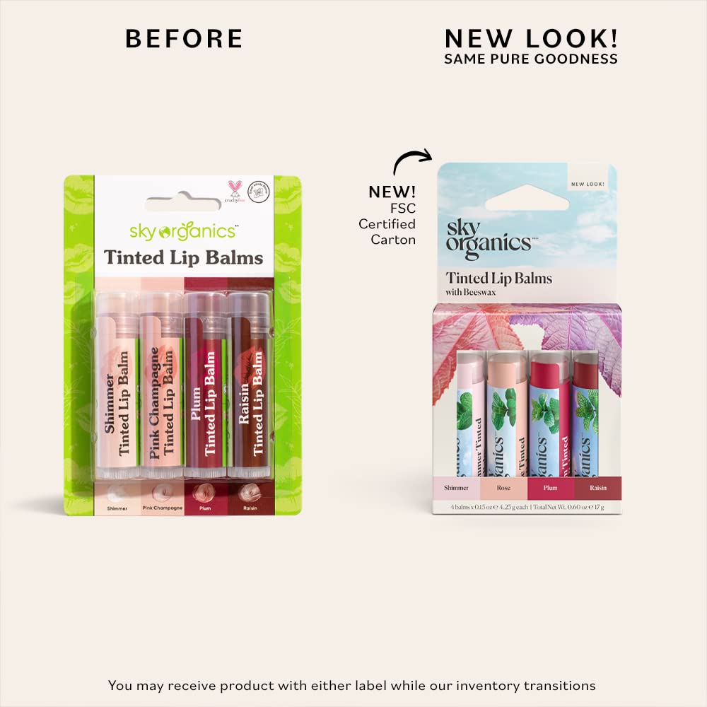 Labial tintado Sky Organics tono rosa con brillo, acabado ligero.