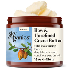 Sky Organics manteca cacao cuerpo en envase puro, hidratación profunda para piel suave.