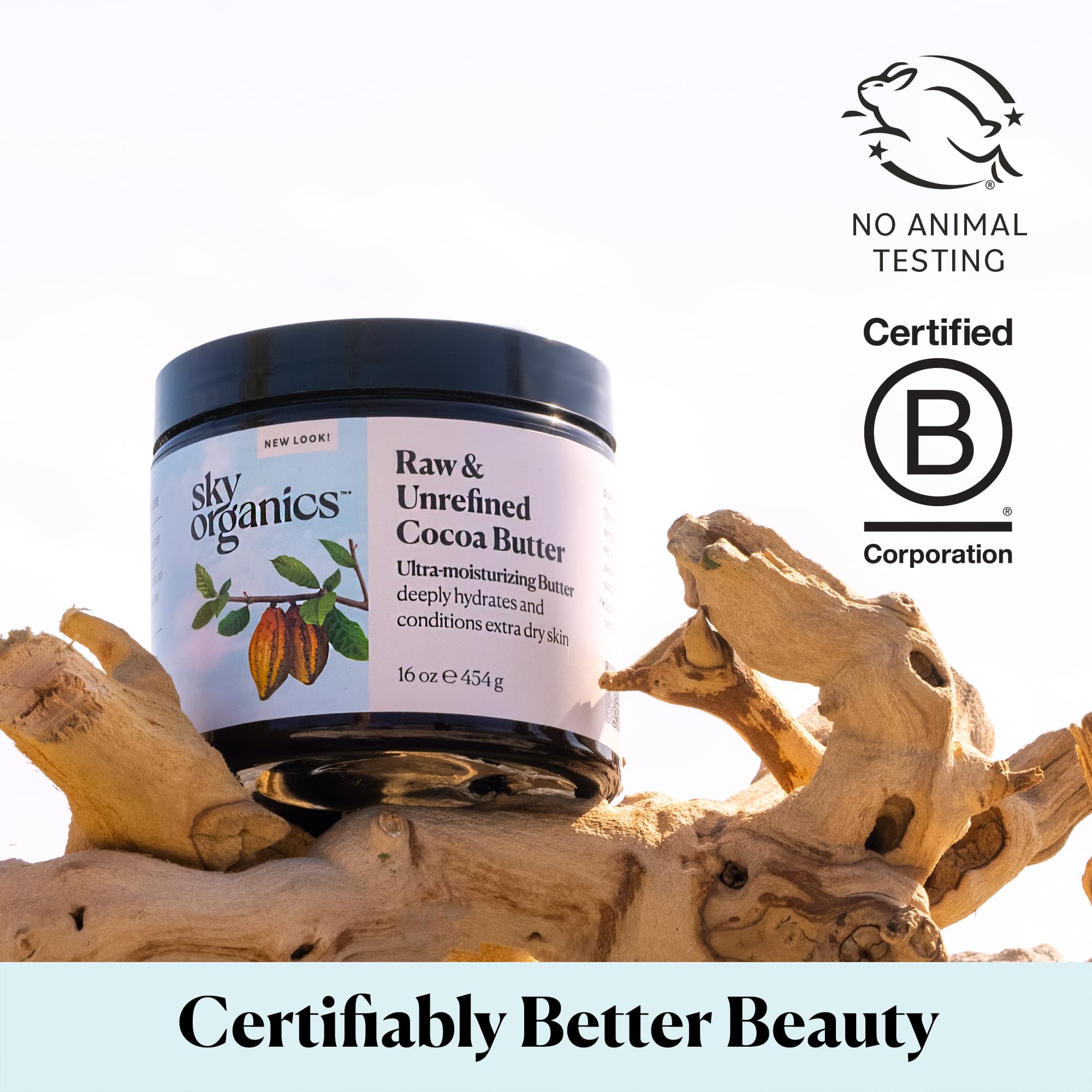 Sky Organics manteca cacao con etiqueta vegana y libre de crueldad.