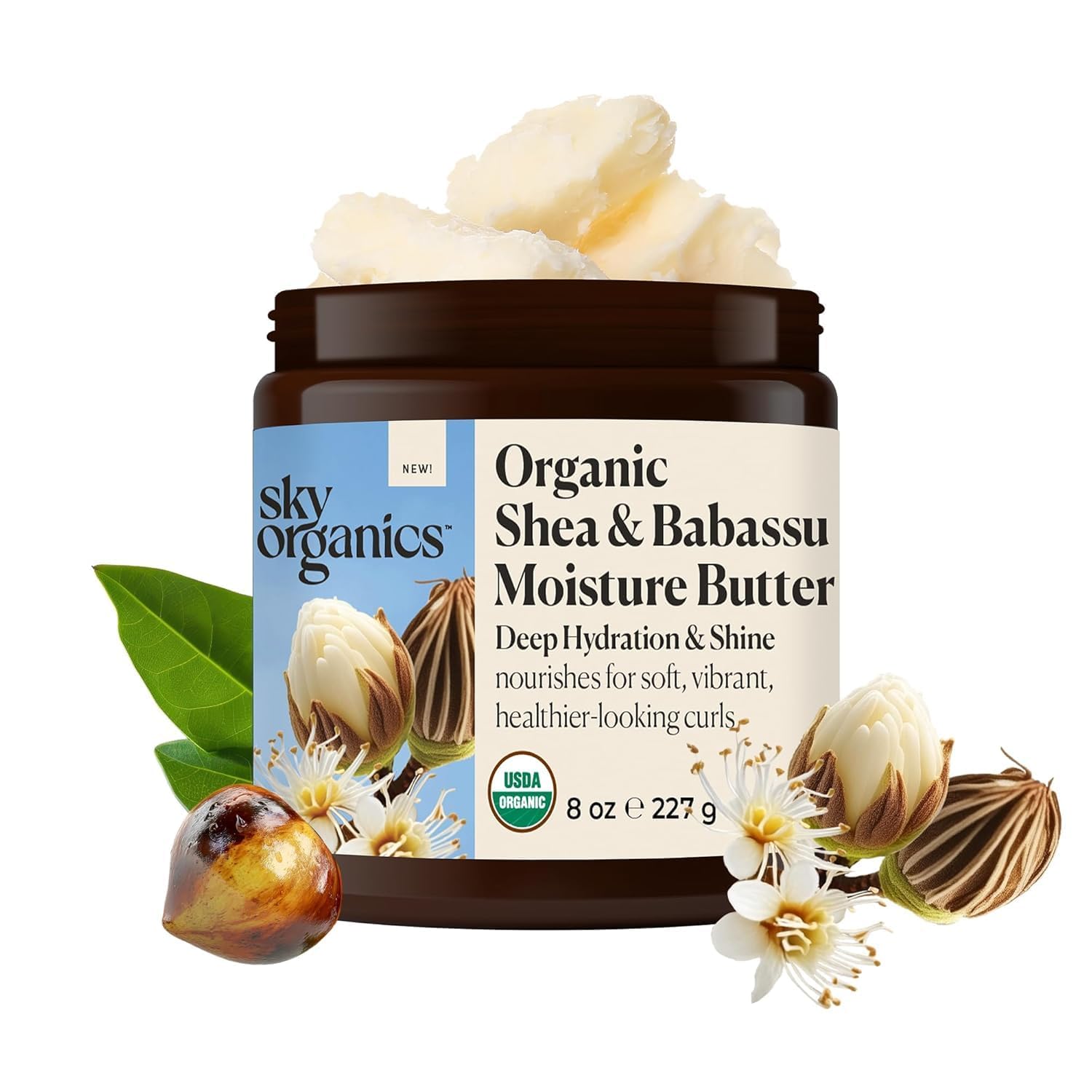 Sky Organics Manteca de Karité, embalaje: cuidado natural para piel suave y cabello nutrido.