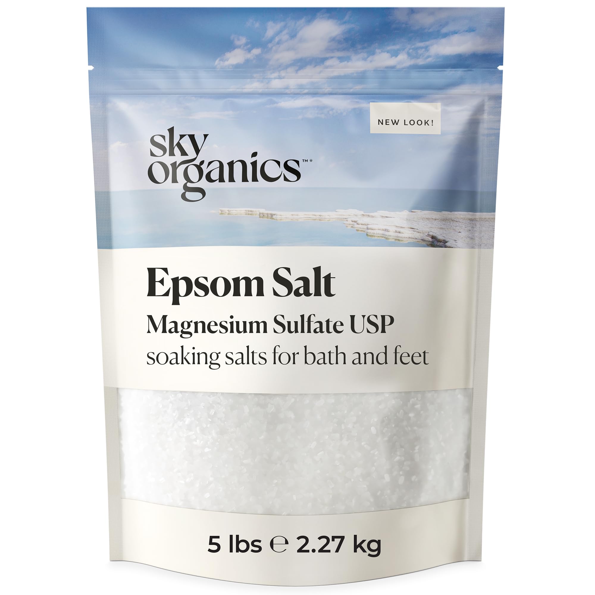 Sky Organics Sal Epsom para baño relajante y cuidado corporal.
