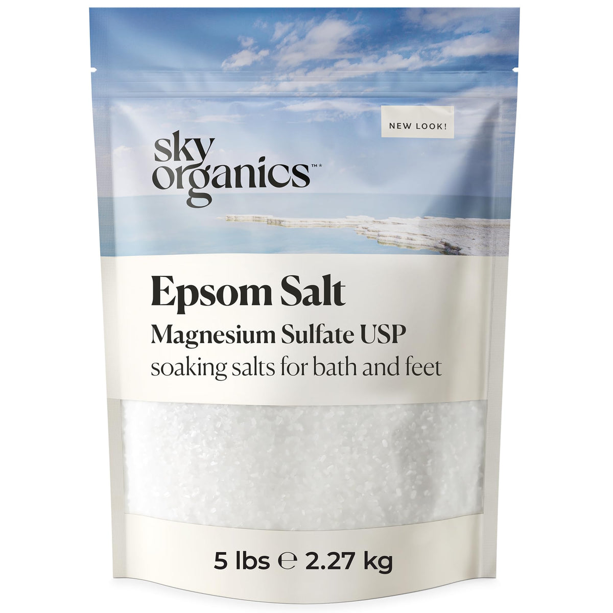 Sky Organics Sal Epsom para baño relajante y cuidado corporal.