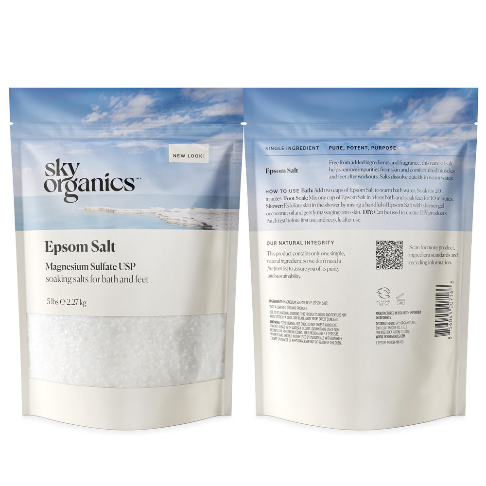 Sky Organics Sal Epsom almacenada en bolsa resistente para uso repetido.