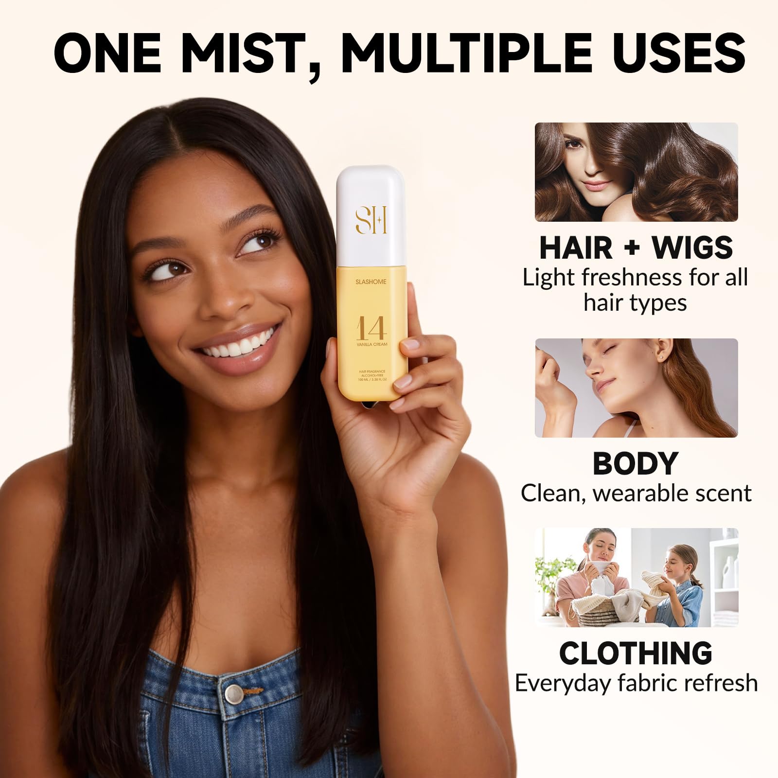 slashome uso multiuso para cabello, piel y prendas, aroma suave durante todo el día.