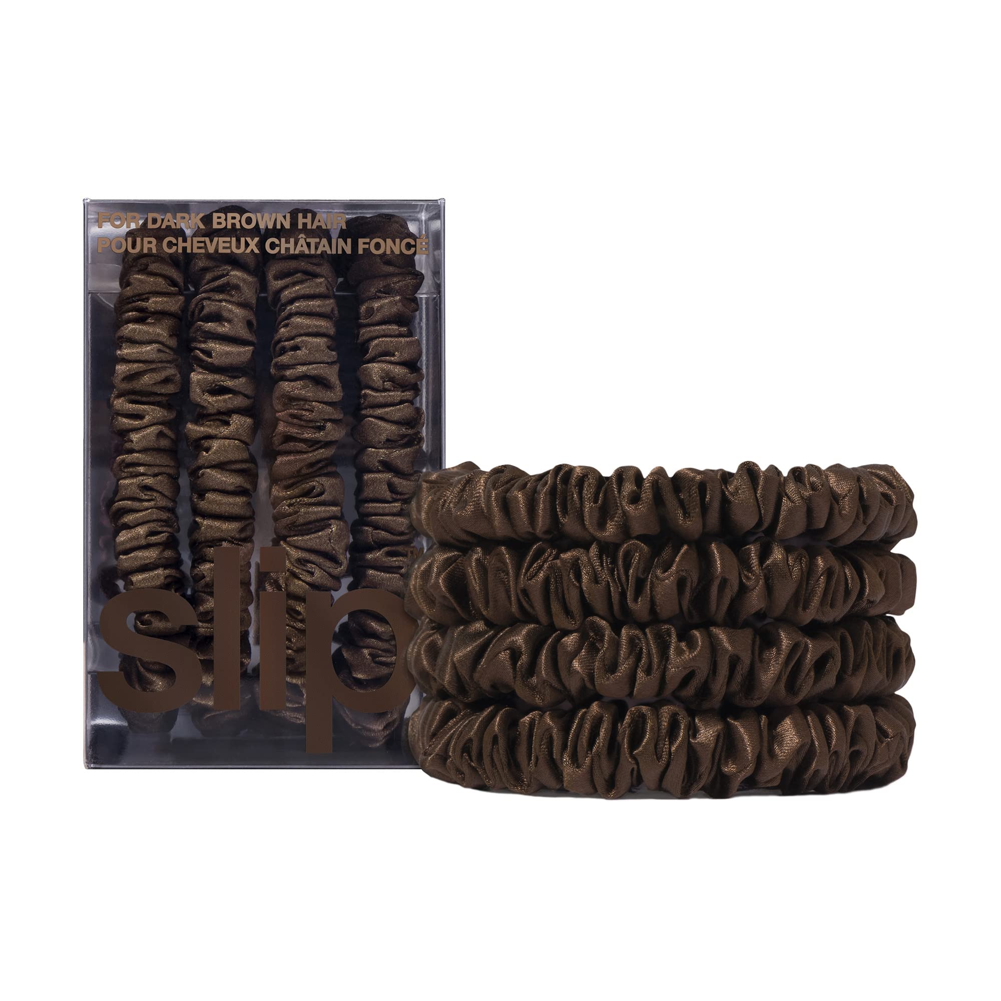 SLIP Silk Skinny Scrunchies brun fonce ensemble-quatre-serre-tetes pour cheveux sains.