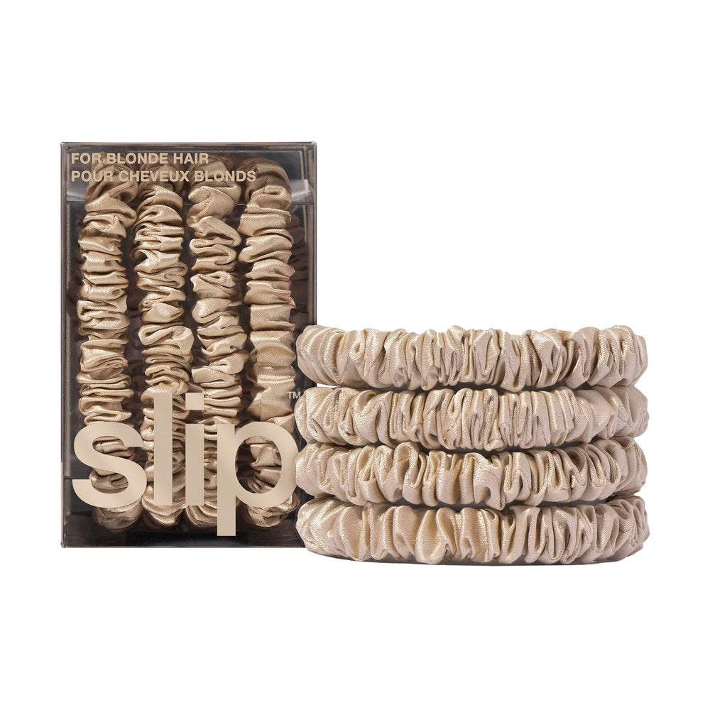 SLIP Silk Skinny Scrunchies Rubio, pack de cuatro, para peinados suaves y sin marcas.