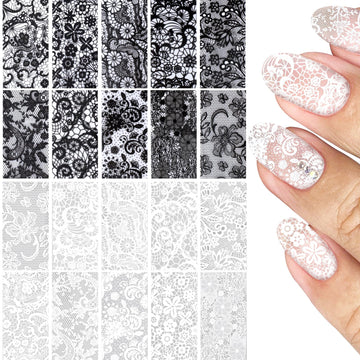 SmallCat hojas foil para uñas con encaje negro y blanco, acabado elegante.