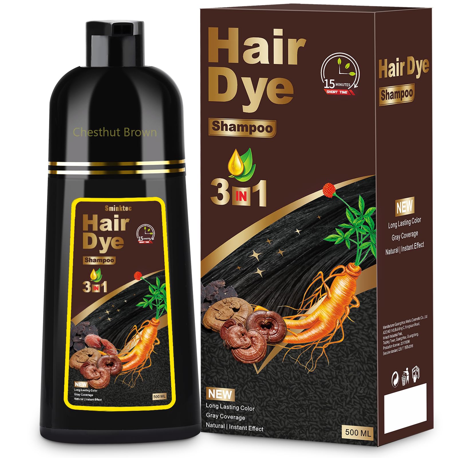 Sminktec castano-marron champu botella, aplicacion sencilla para cubrir canas.