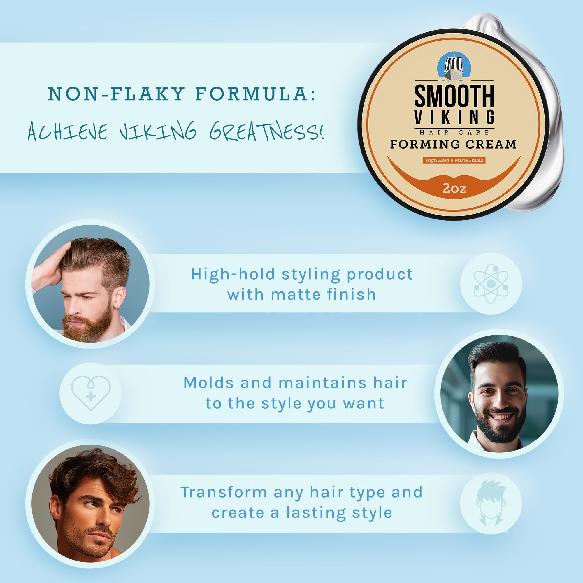 Smooth Viking Forming Cream, aplicación fácil, controla tu peinado todo el día.