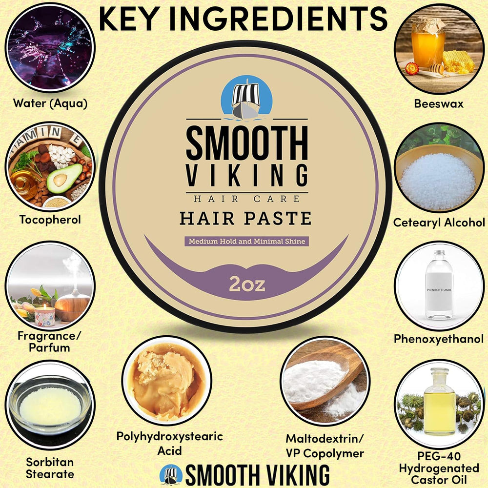 Pasta Smooth Viking para cabello, estilo desordenado con brillo mínimo.