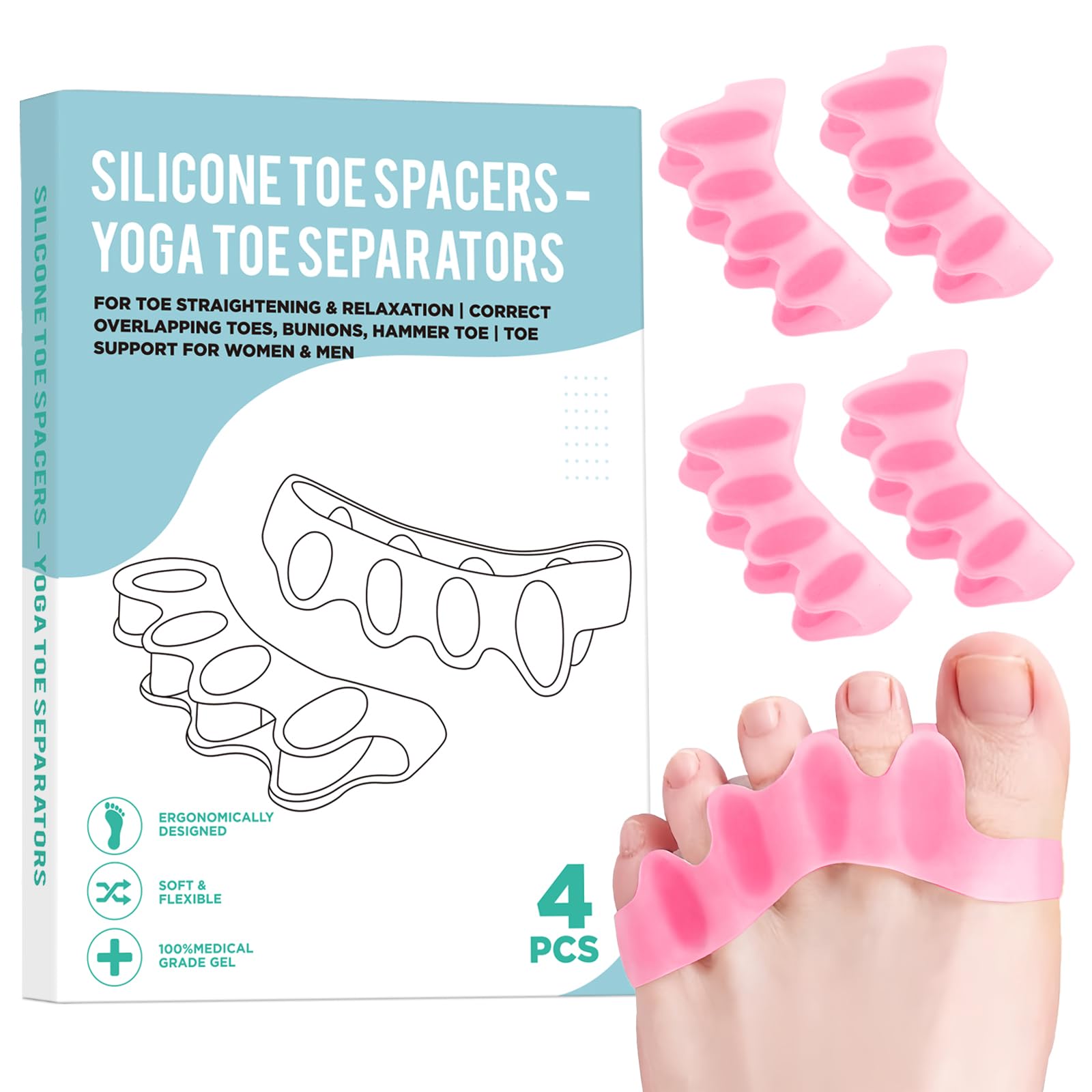 SNGBYTU separadores-dedos silicona rosa, confort diario para dedos alineados.