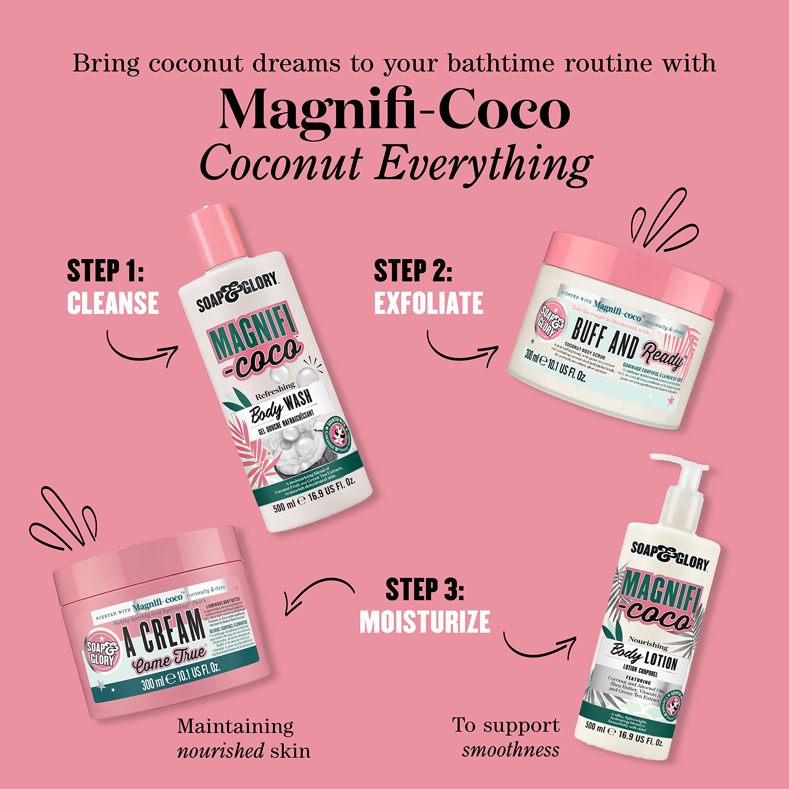 Coconut aroma lingers softly to enhance a calming self-care ritual.