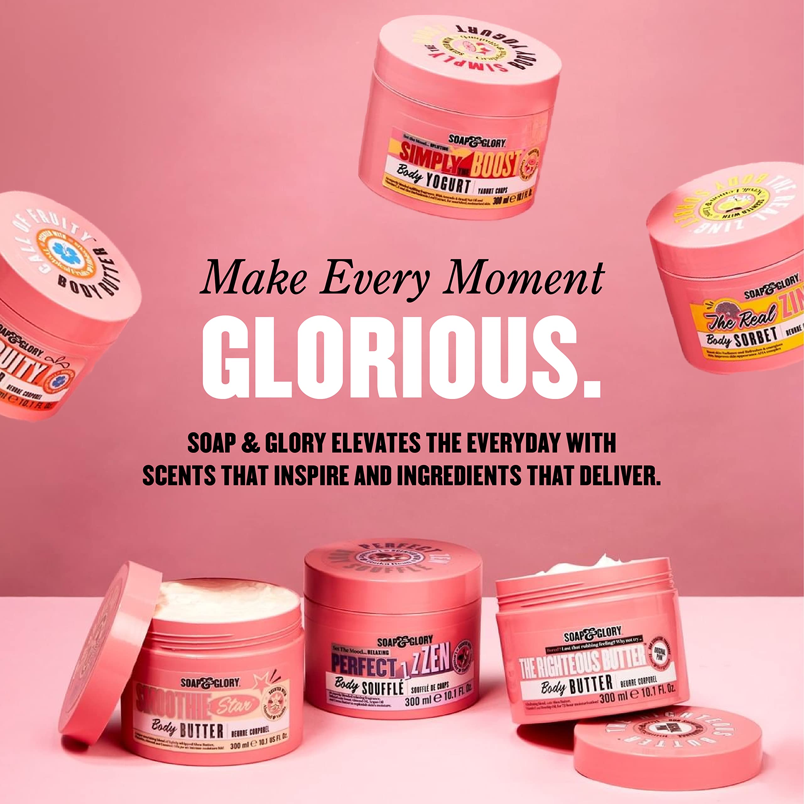 Envase de 300 ml de Soap & Glory, tamaño ideal para uso diario.