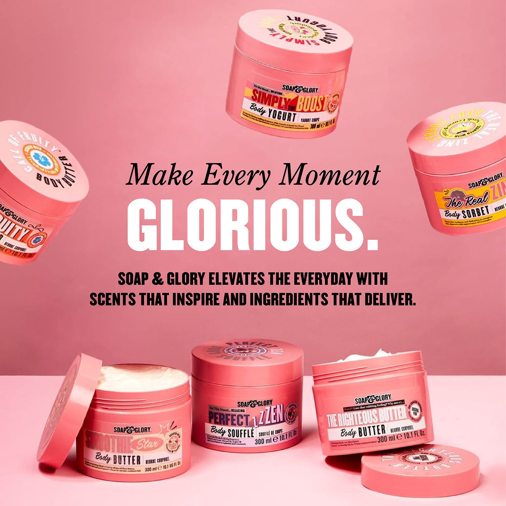 Envase de 300 ml de Soap & Glory, tamaño ideal para uso diario.