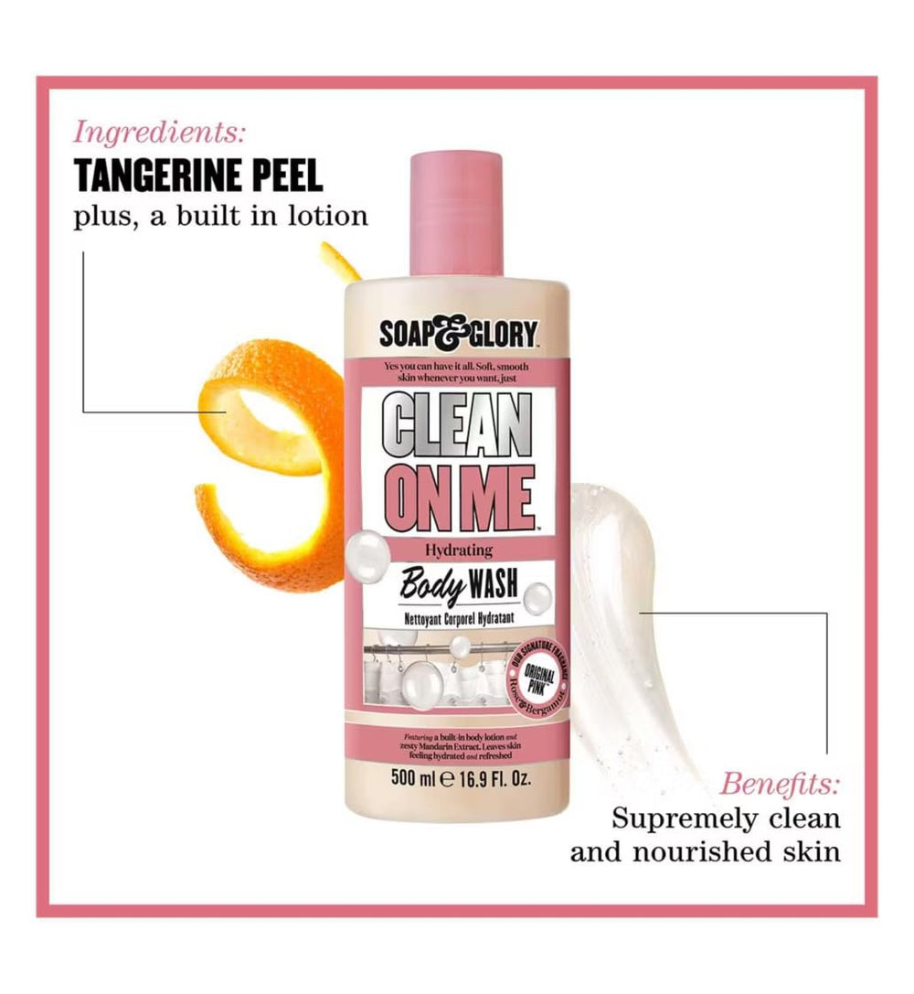 Soap & Glory Gel de Ducha Clean On Me 500 ml etiqueta visible, texto claro