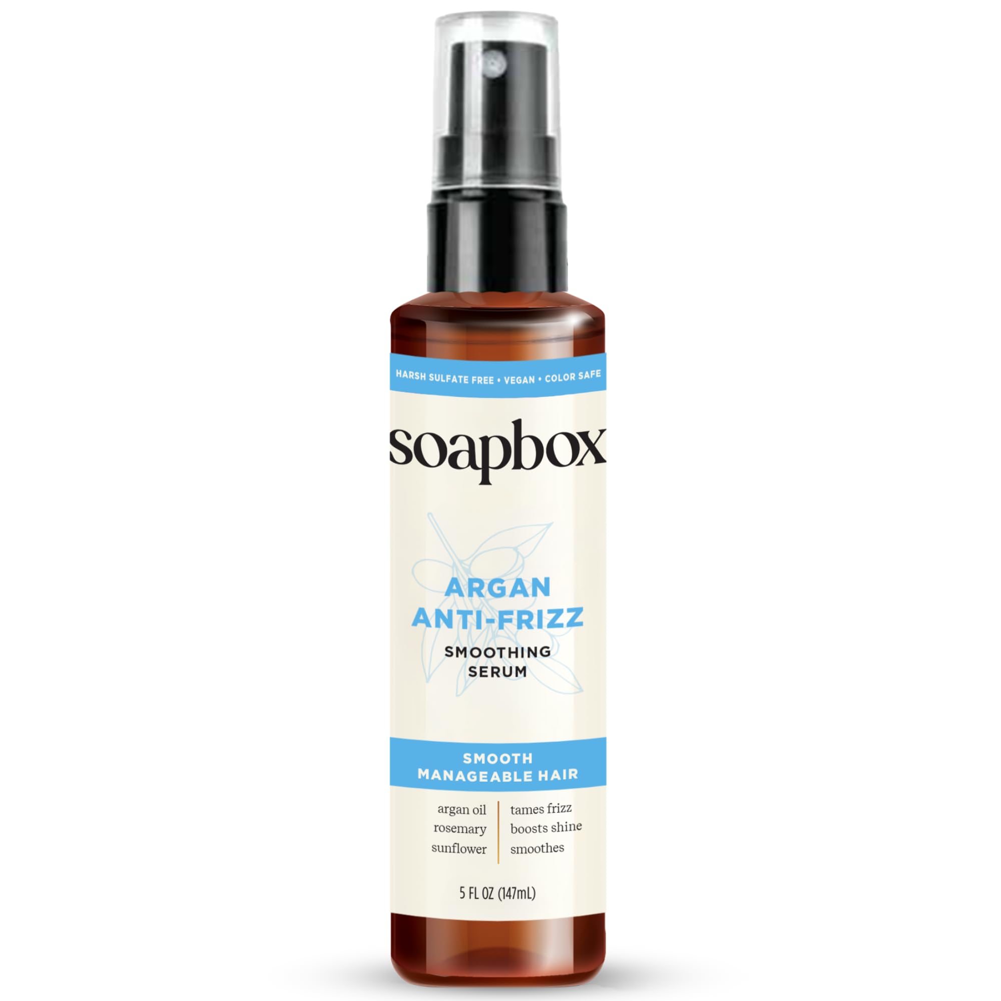 Sérum alisador de Soapbox en botella para controlar el frizz y aportar brillo.