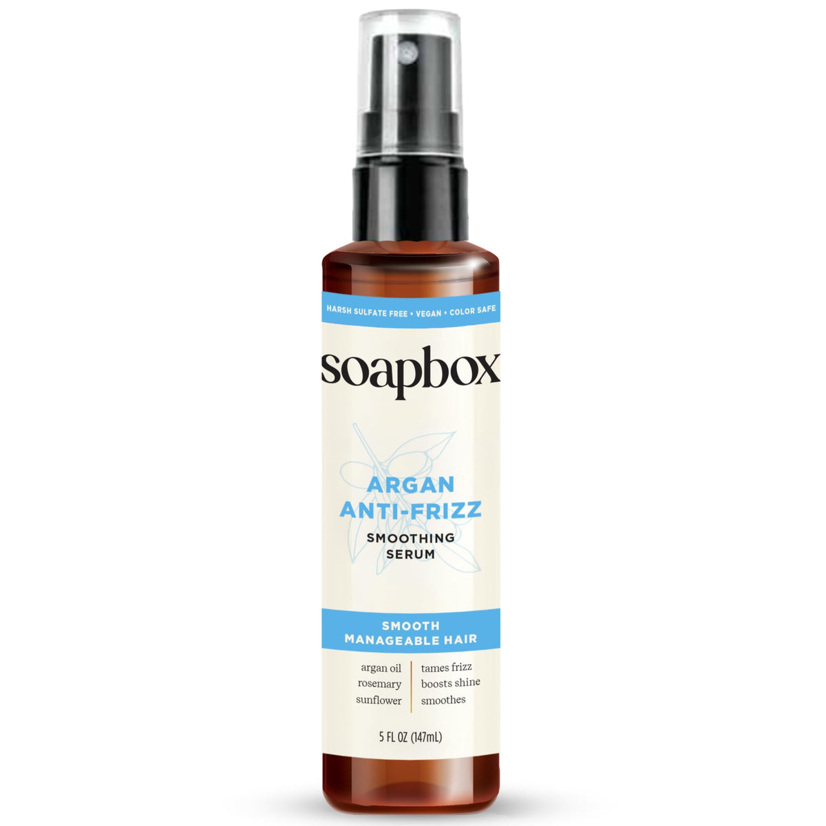 Sérum alisador de Soapbox en botella para controlar el frizz y aportar brillo.