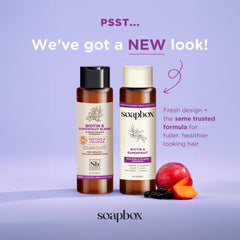 Soapbox après-shampoing Biotine et Extraits de Fruits en bouteille pour douceur durable.