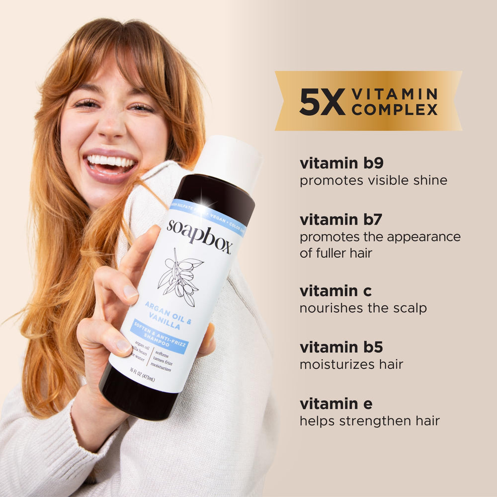 Boîtier Soapbox Shampoing Argan, etiquette élégante et design épuré