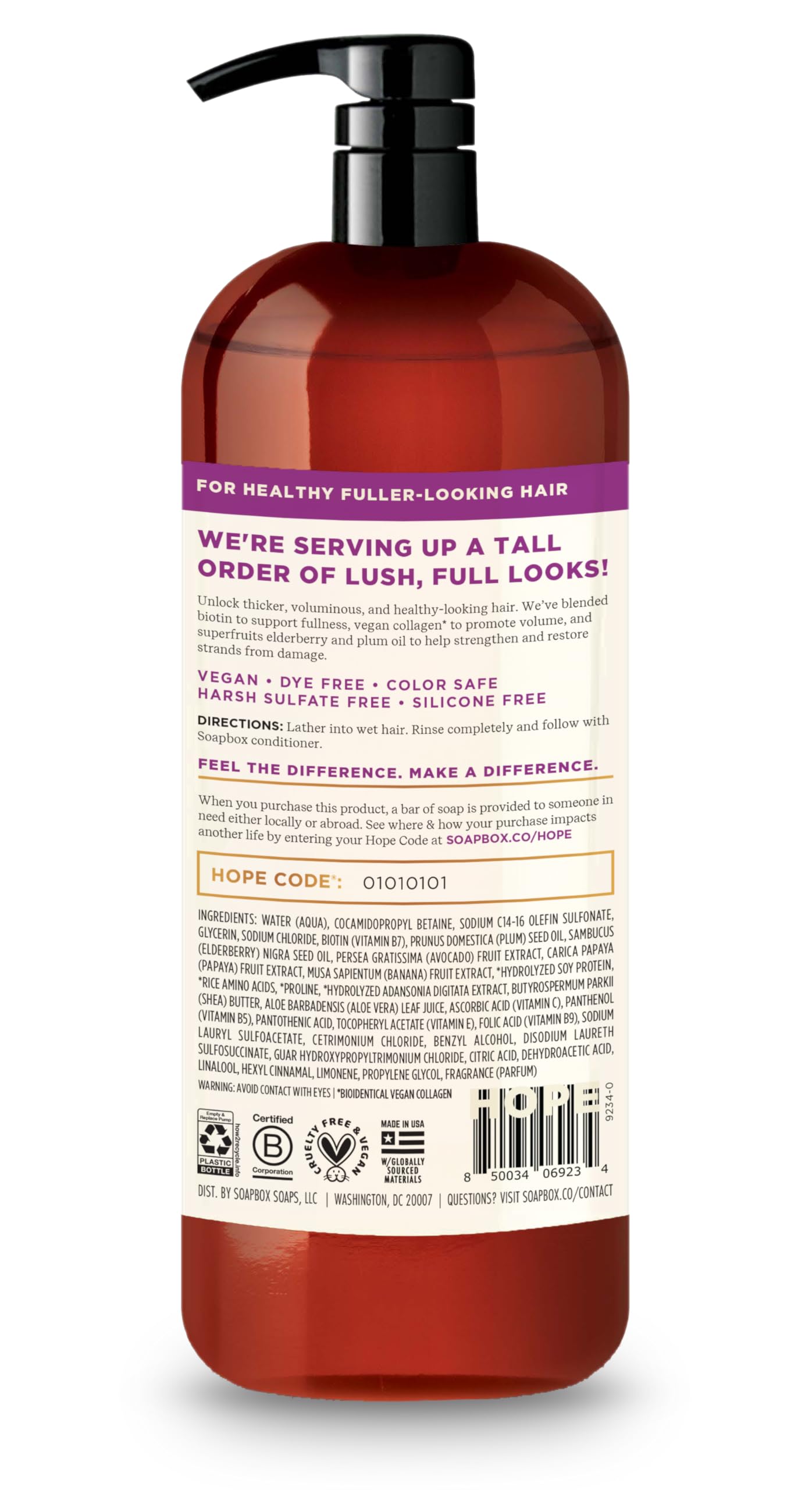 Soapbox Biotin Shampoo – Étiquette ingrédients avec elderberry et huile de coco nourrissante
