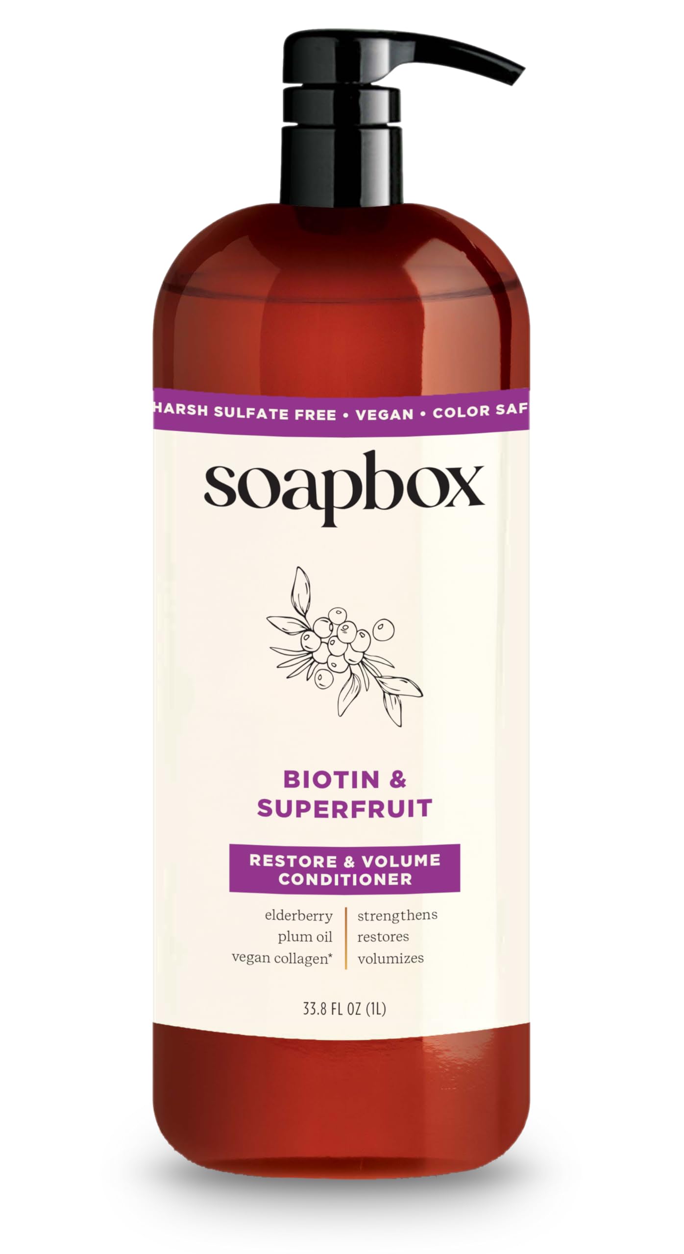 Soapbox Biotina y Colágeno Super Fruta con bomba de 1L para volumen del cabello.