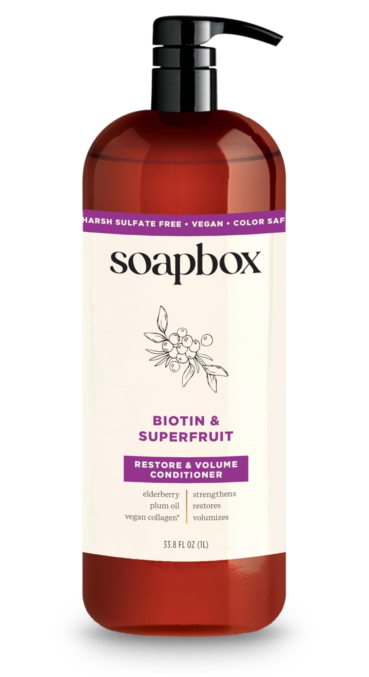 Soapbox Biotina y Colágeno Super Fruta con bomba de 1L para volumen del cabello.