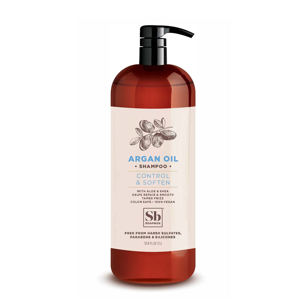 Soapbox champú con aceite de argán en botella para cabello suave.