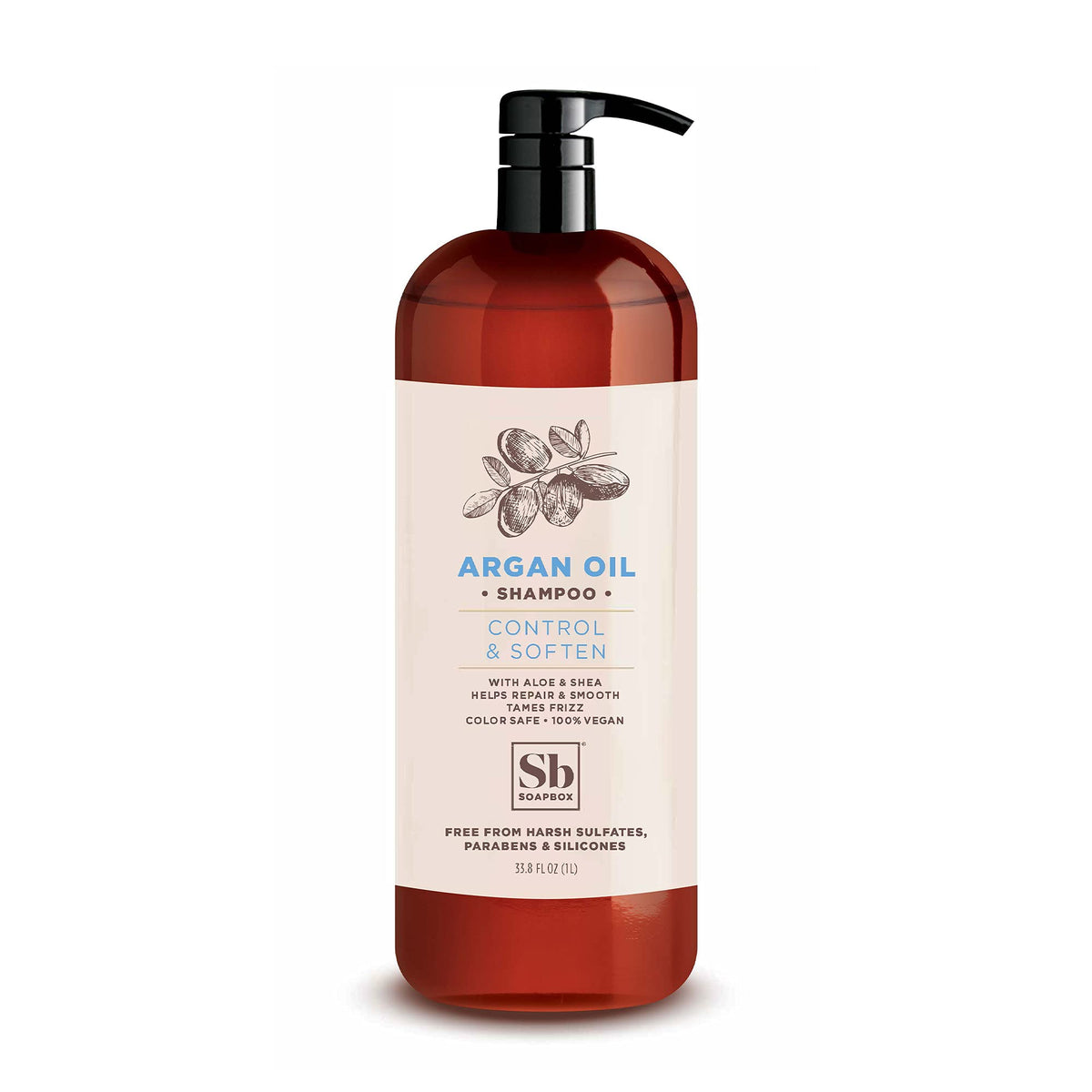Soapbox champú con aceite de argán en botella para cabello suave.