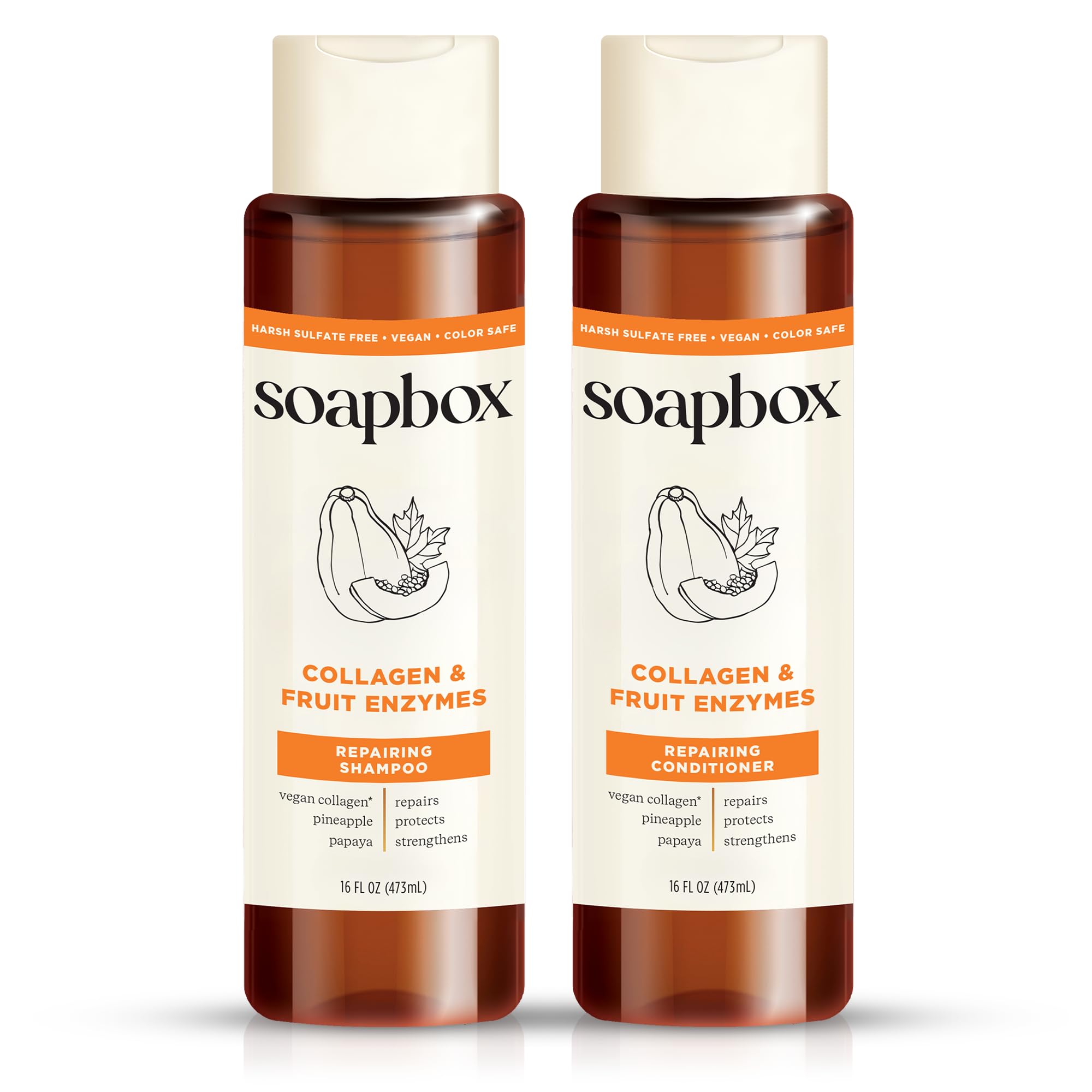 Soapbox champú colágeno: botella visible, fortalece fibras capilares