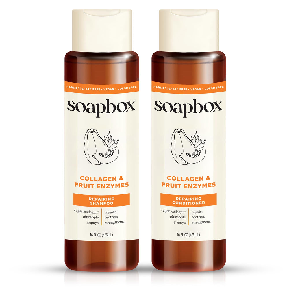Soapbox champú colágeno: botella visible, fortalece fibras capilares