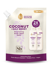 Soapbox Coconut Goji Berry refill bottle close-up shows moisturizing formula.