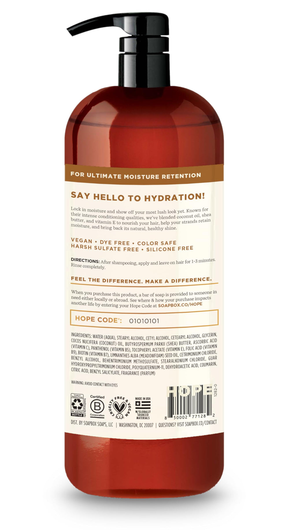 Soapbox etiqueta muestra ingredientes nutritivos para el cabello
