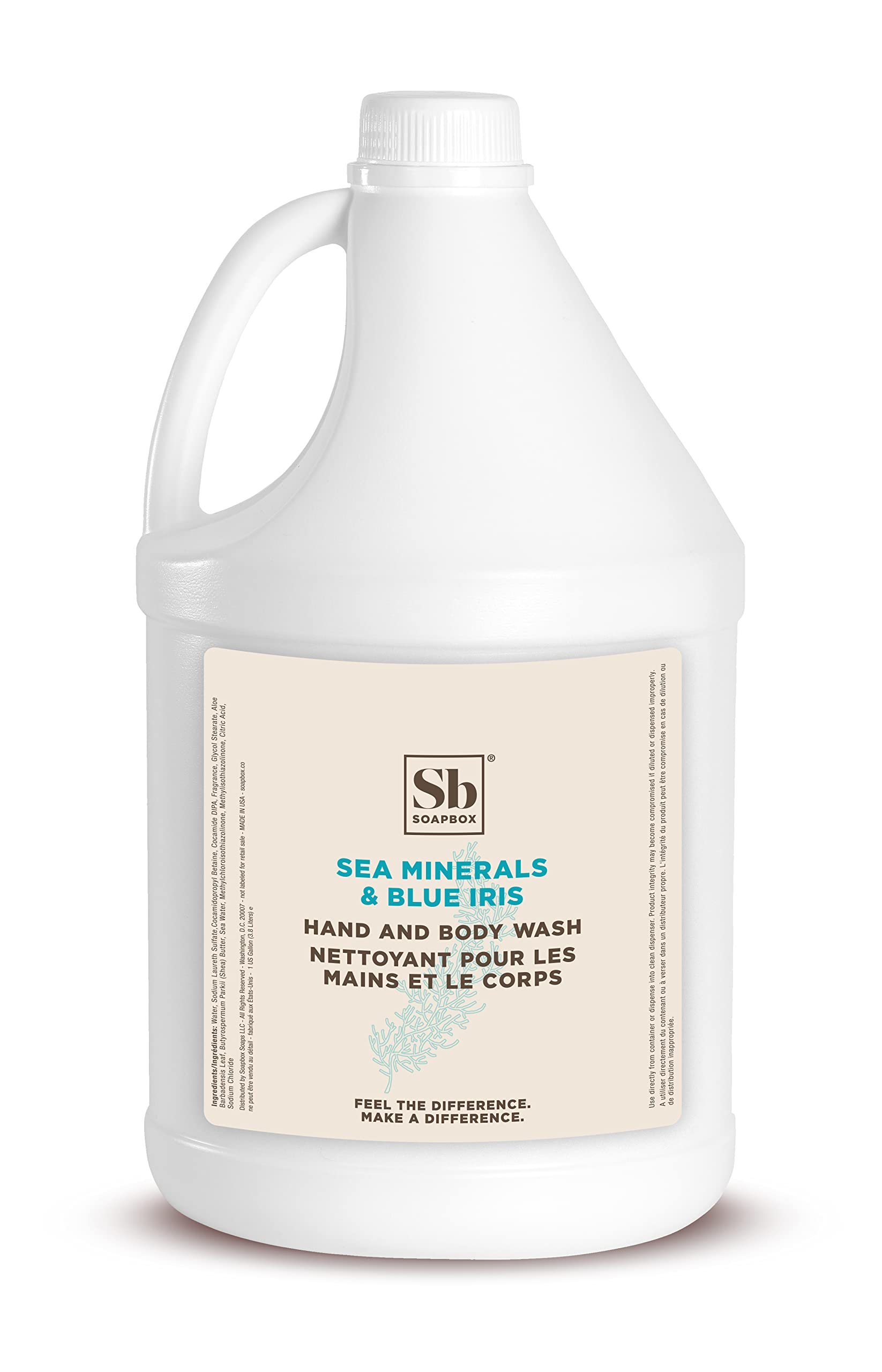 Soapbox jabón líquido para manos y cuerpo con minerales marinos e iris azul en botella.