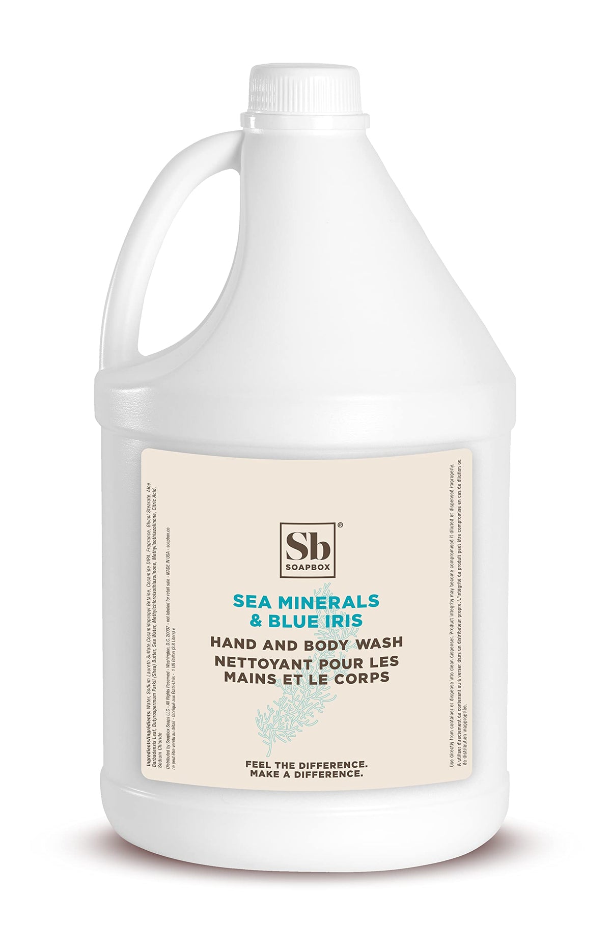 Soapbox jabón líquido para manos y cuerpo con minerales marinos e iris azul en botella.