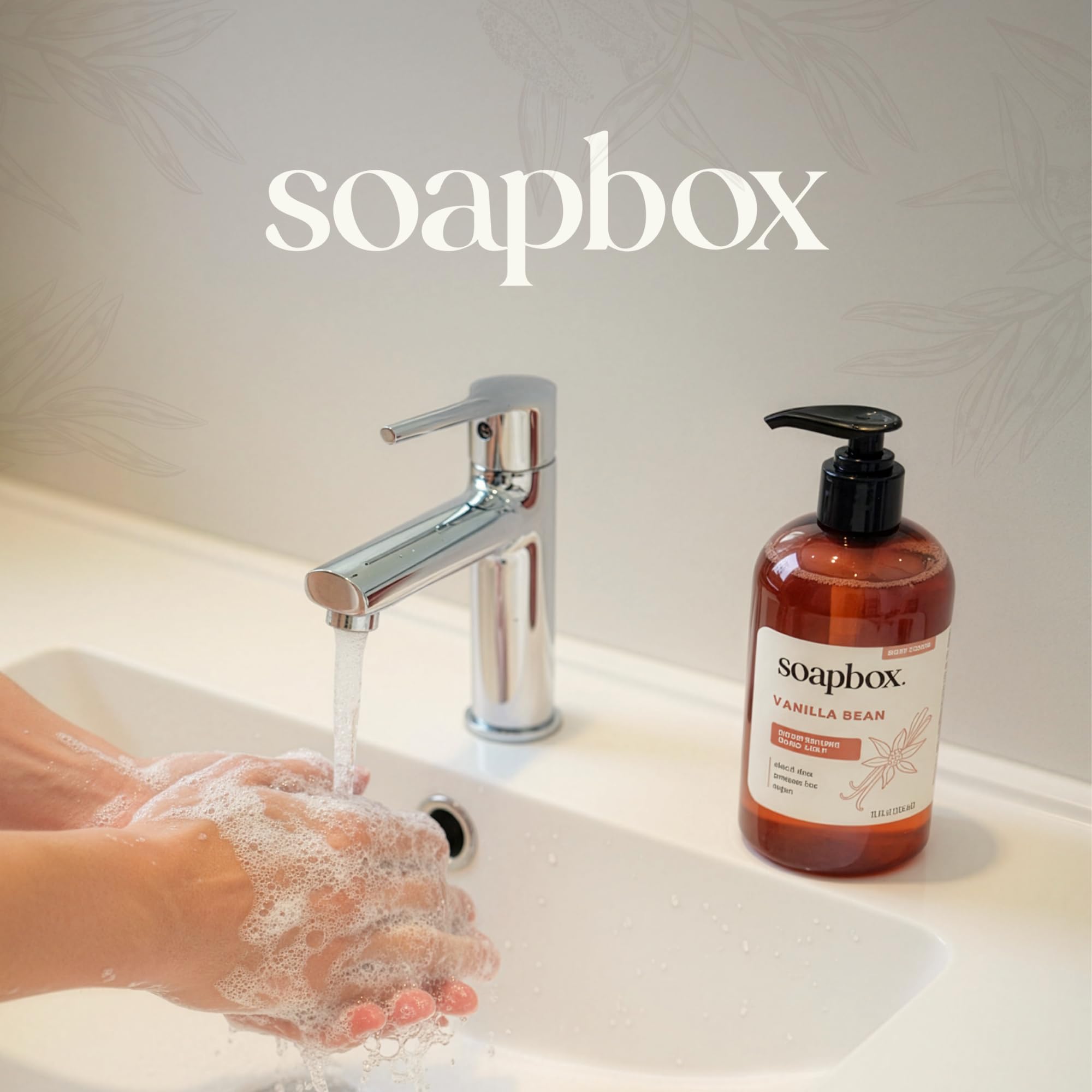 Uso en cocina o baño con Soapbox, limpieza suave para manos mojadas.