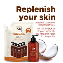 Soapbox recarga con fragancia natural de coco y sándalo para baño y cocina.