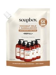 Soapbox recarga de jabón de manos con leche de coco y sándalo para uso diario.