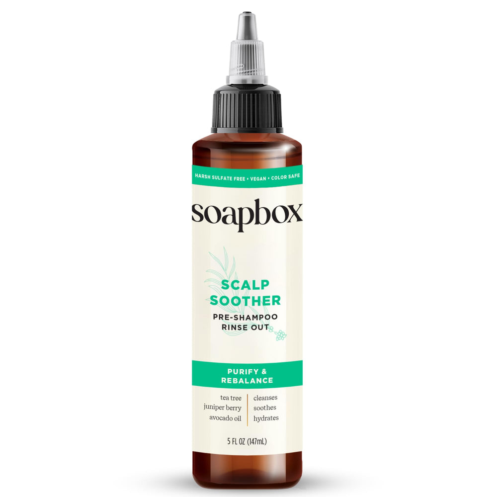 Soapbox Scalp Soother, bote con aceite de árbol de té, alivio refrescante para el cuero cabelludo.